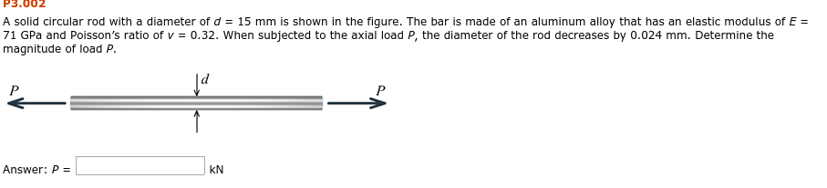 Solved P3.002 A solid circular rod with a diameter of d = 15 | Chegg.com