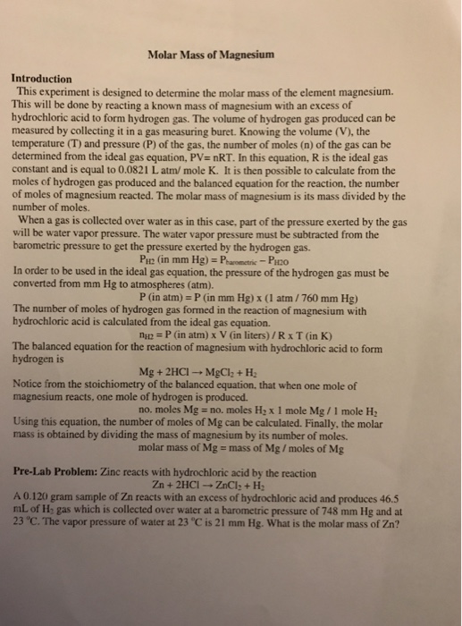 Solved Molar Mass of Magnesium Introduction This experiment