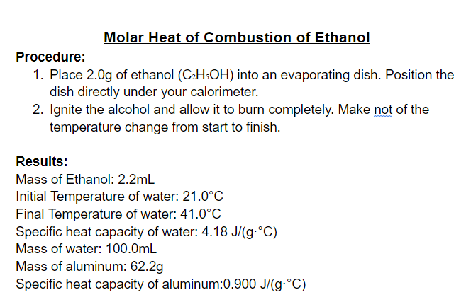 molar heat of combustion of ethanol experiment