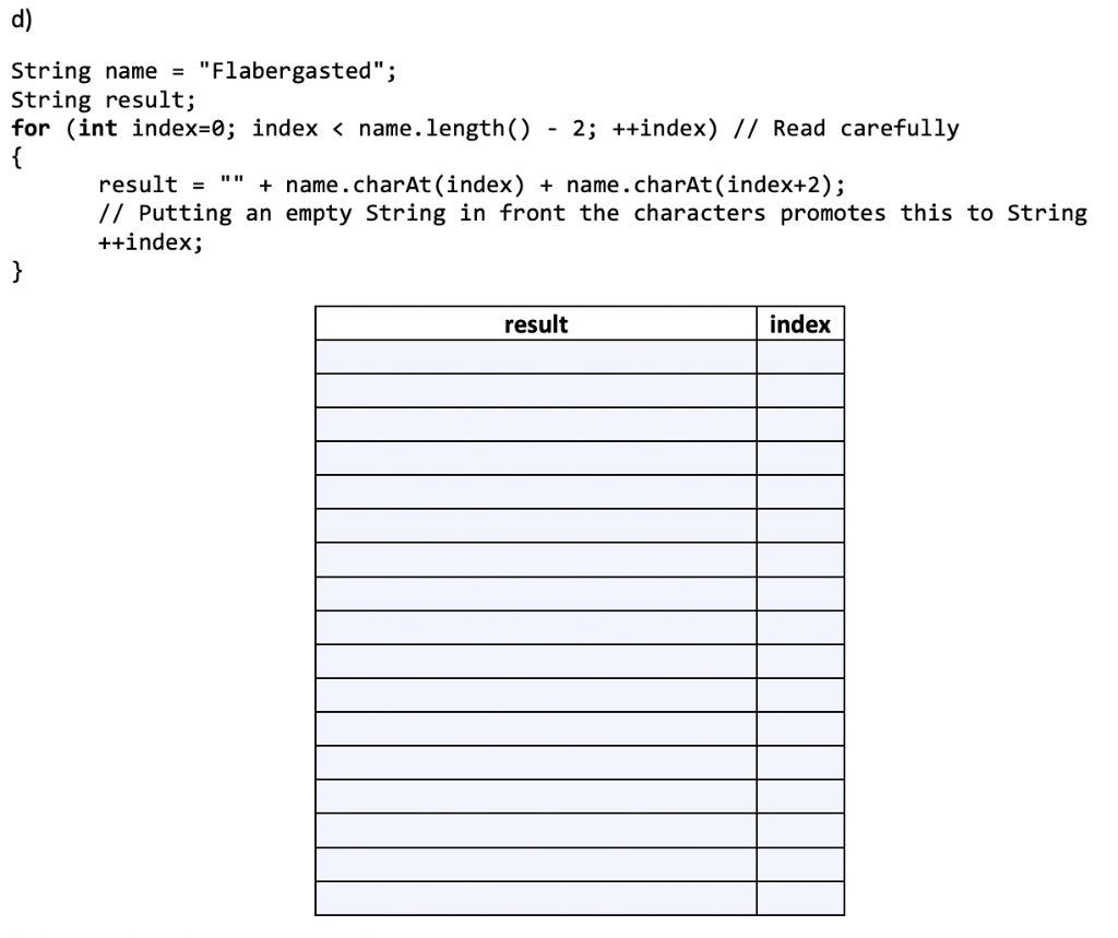 Solved d) String name = 