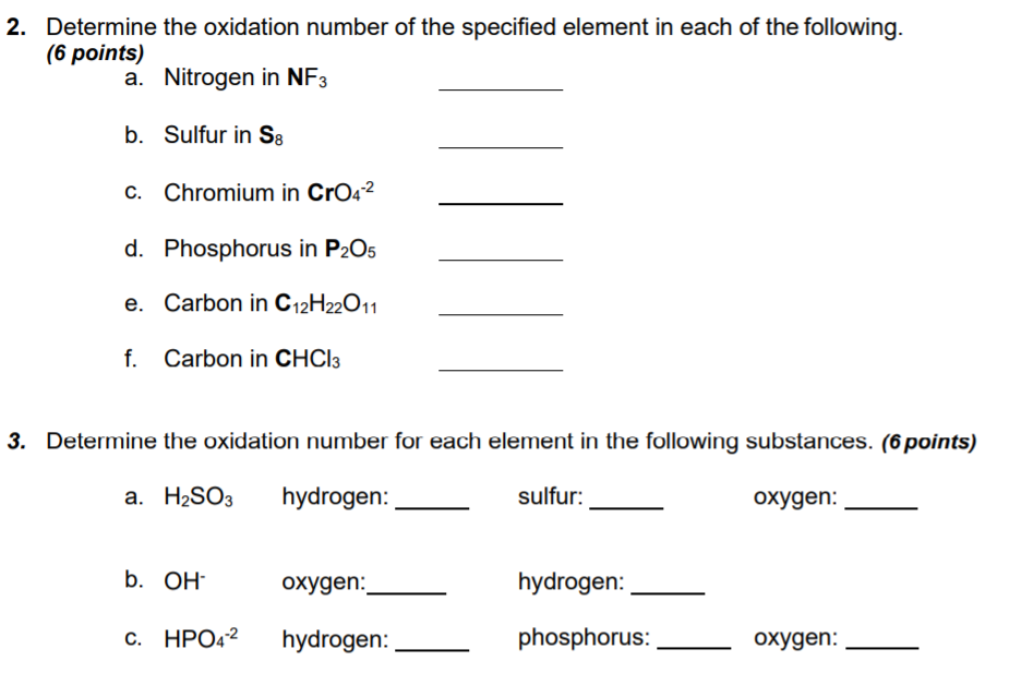 Solved 2. Determine the oxidation number of the specified | Chegg.com