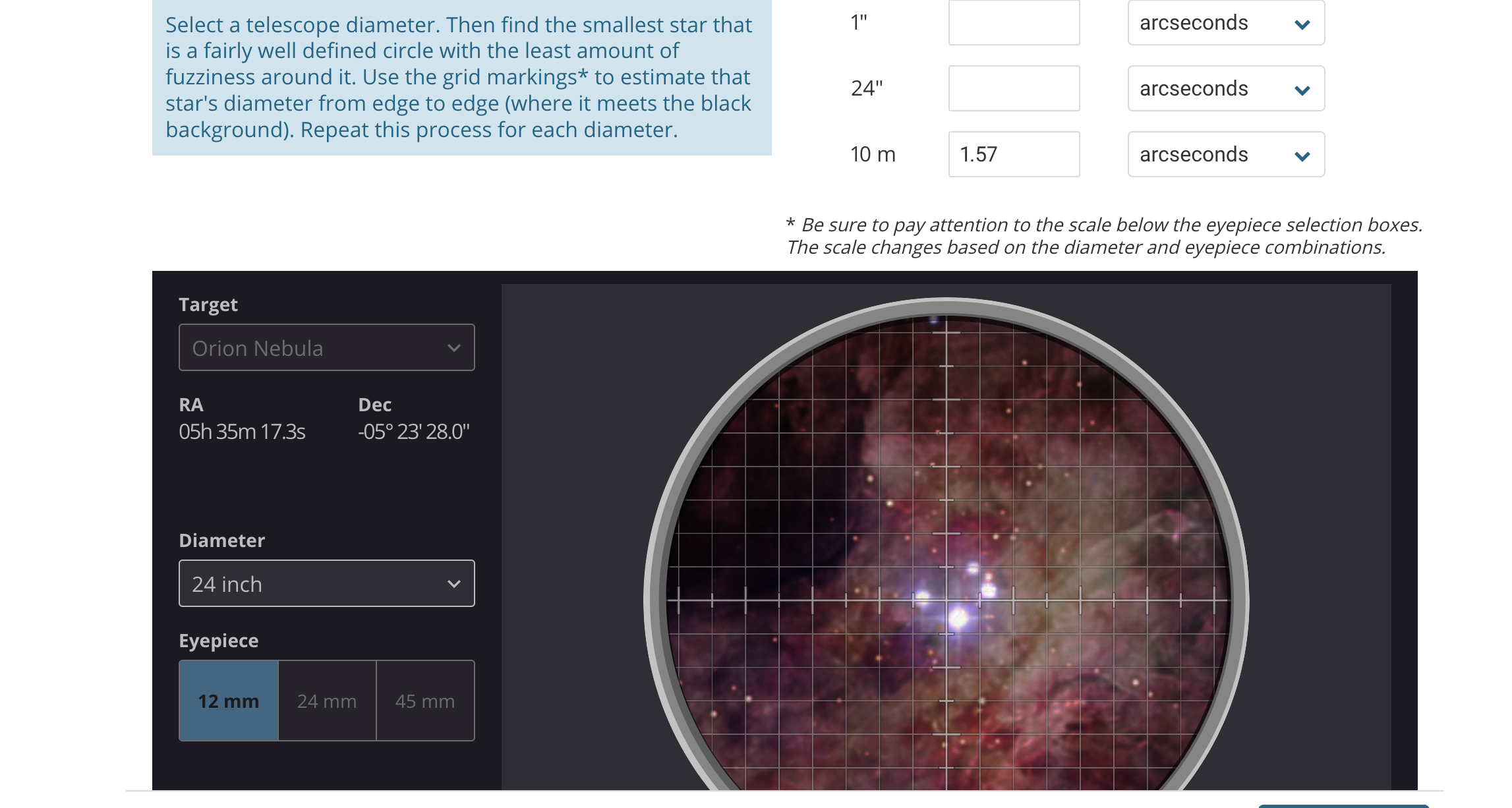 Solved Select a telescope diameter. Then find the smallest