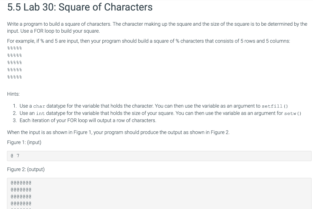 Solved 5.5 Lab 30: Square of Characters Write a program to | Chegg.com