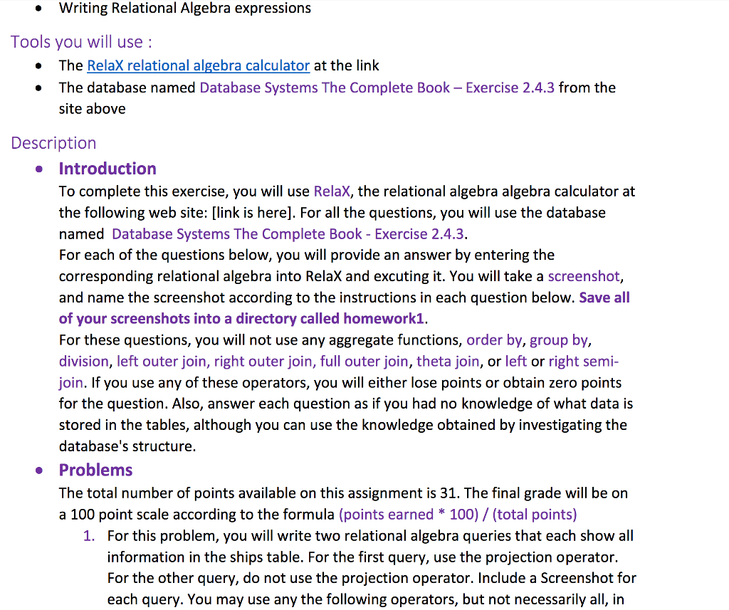 Writing Relational Algebra Expressions Tools You Will | Chegg.com