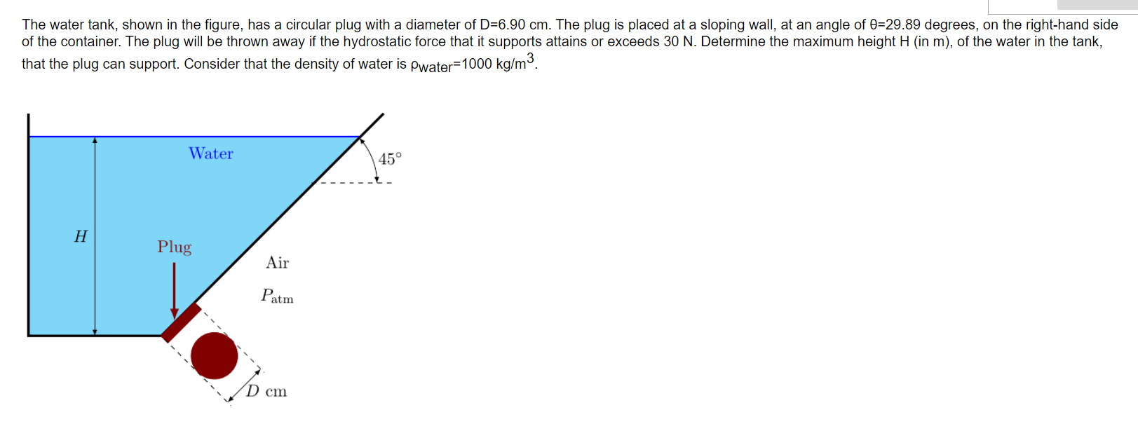 The water tank, shown in the figure, has a circular plug with a diameter of \( D=6.90 \mathrm{~cm} \). The plug is placed at