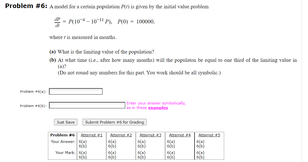 Solved Problem #6: A model for a certain population P(t) is | Chegg.com