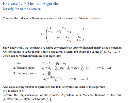 Solved Exercise 1.17 Thomas Algorithm Description of the | Chegg.com