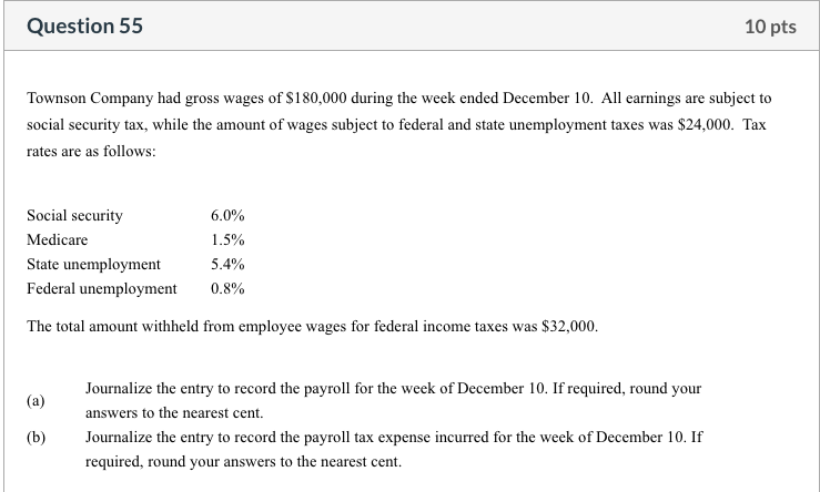 Solved Question 55 10 Pts Townson Company Had Gross Wages