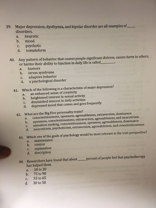 Solved 39. Major depr ression, dysthymia, and bipolar | Chegg.com