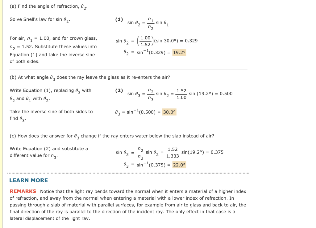 Solved EXAMPLE 22.2 Angle of Refraction for Glass GOAL Apply | Chegg.com