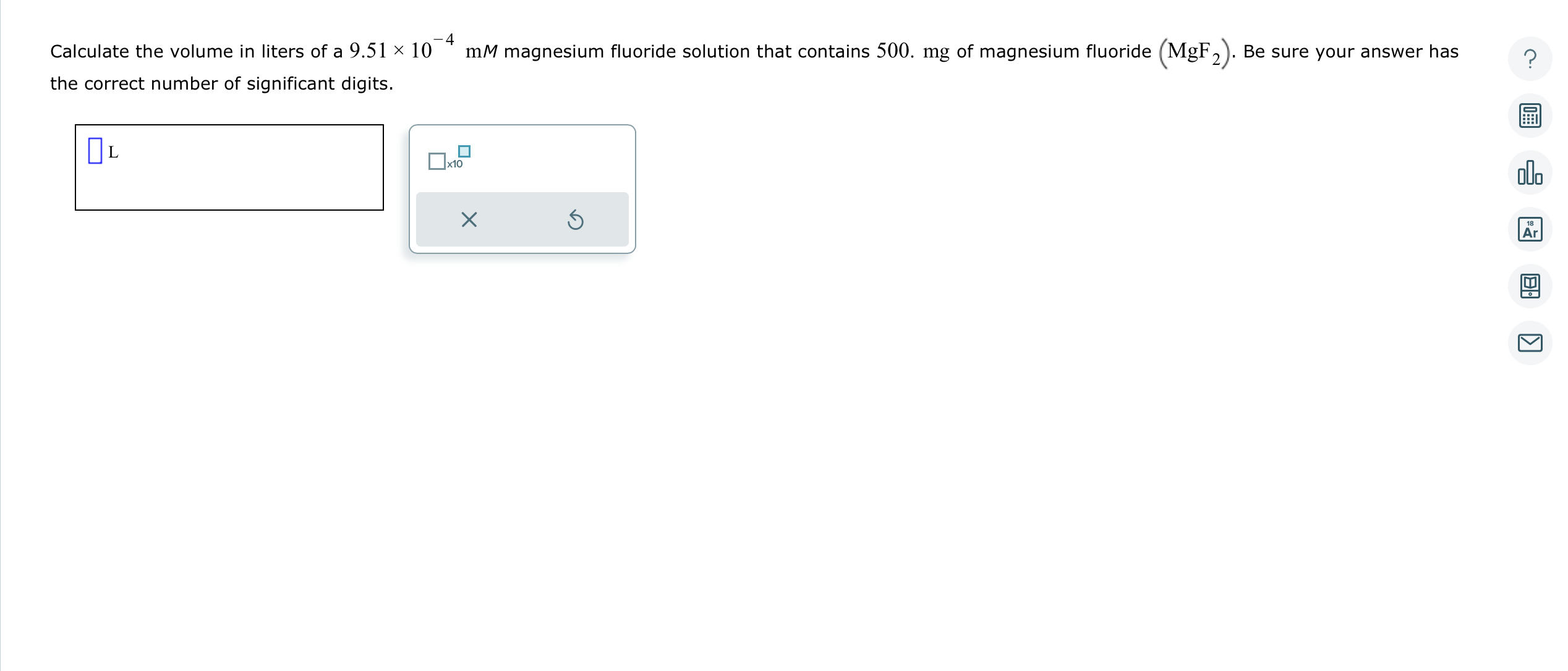 Solved Calculate The Volume In Liters Of A 9 51×10−4 Mm