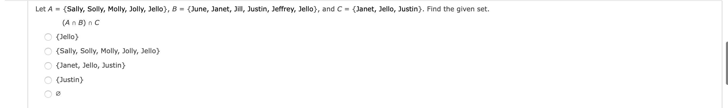 Solved Let A = {Sally, Solly, Molly, Jolly, Jello}, B = | Chegg.com