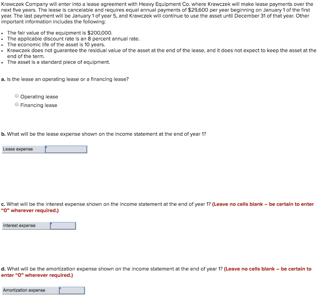 Solved Krawczek Company Will Enter Into A Lease Agreement Chegg
