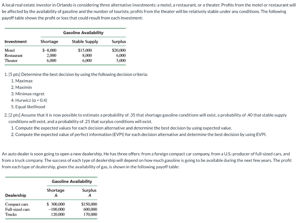 A local real estate investor in orlando is considering three alternative investments: a motel, a restaurant, or a theater. pr