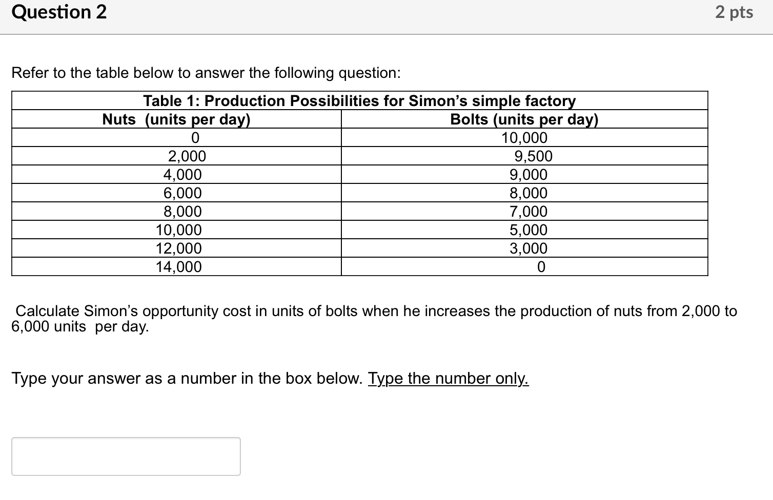 Solved Question 2 2 pts Refer to the table below to answer | Chegg.com