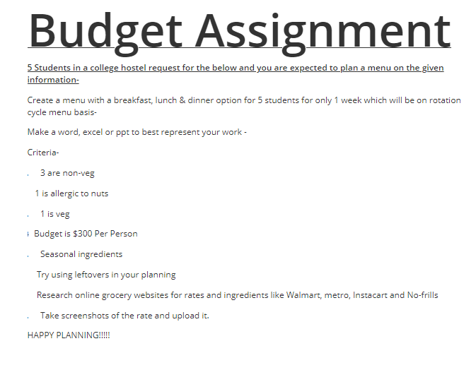 budget assignment high school