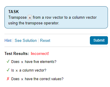 Solved TASK Transpose x from a row vector to a column vector | Chegg.com
