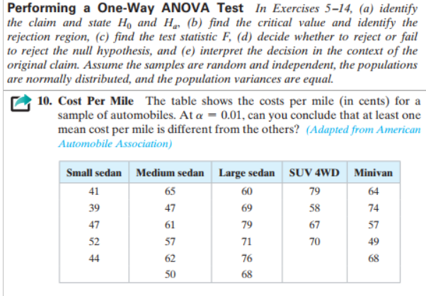 Performing a One-Way ANOVA Test In Exercises 5-14, (a) identify the claim and state \( H_{0} \) and \( H_{a} \), (b) find the