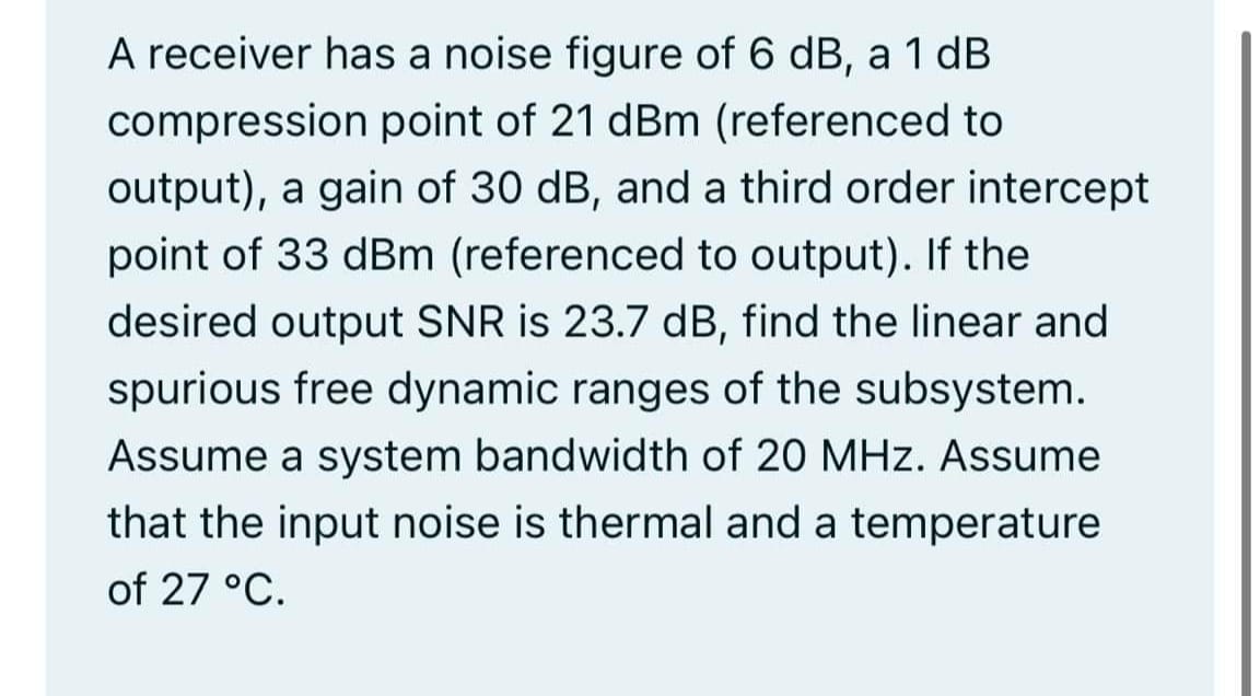 Solved A receiver has a noise figure of 6 dB, a 1 dB