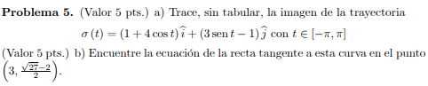 Problema 5. (Valor 5 pts.) a) Trace, sin tabular, la imagen de la trayectoria o(t) = (1 + 4 cost) î+ (3 sent - 1) cont € (-1,