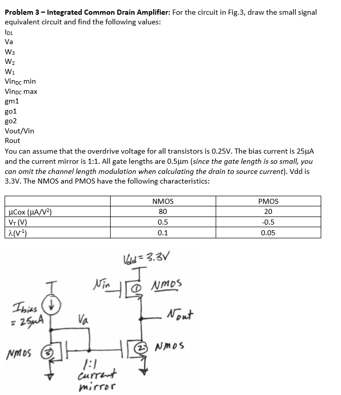 Solved Problem 3-Integrated Common Drain Amplifier: For the | Chegg.com