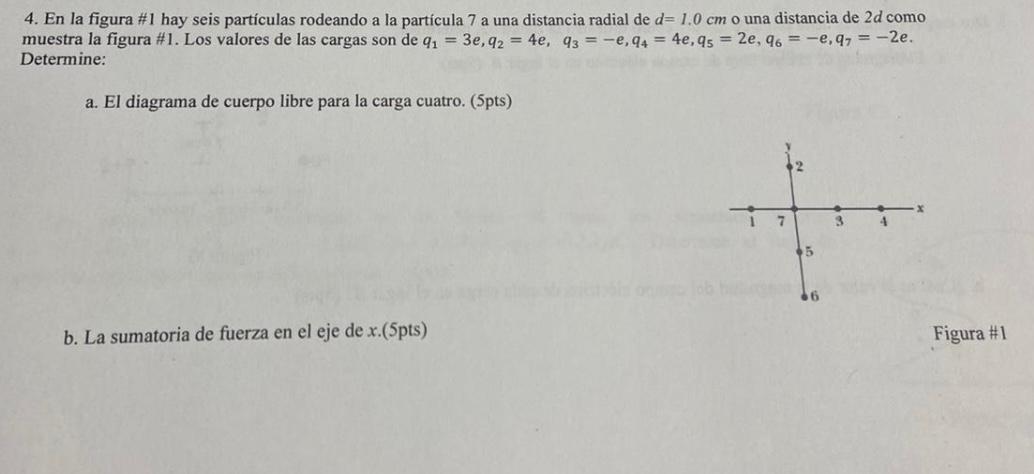 4. En la figura \#1 hay seis partículas rodeando a la partícula 7 a una distancia radial de \( d=1.0 \mathrm{~cm} \) o una di