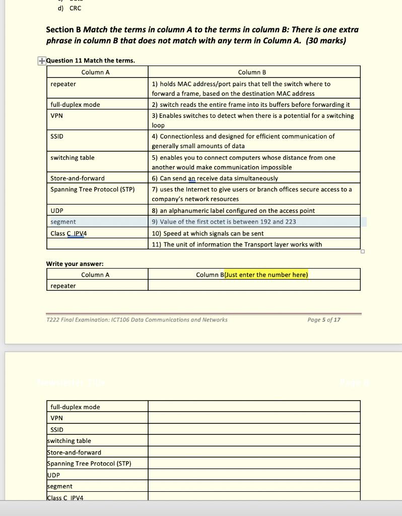 Solved Section B Match The Terms In Column A To The Terms In | Chegg.com