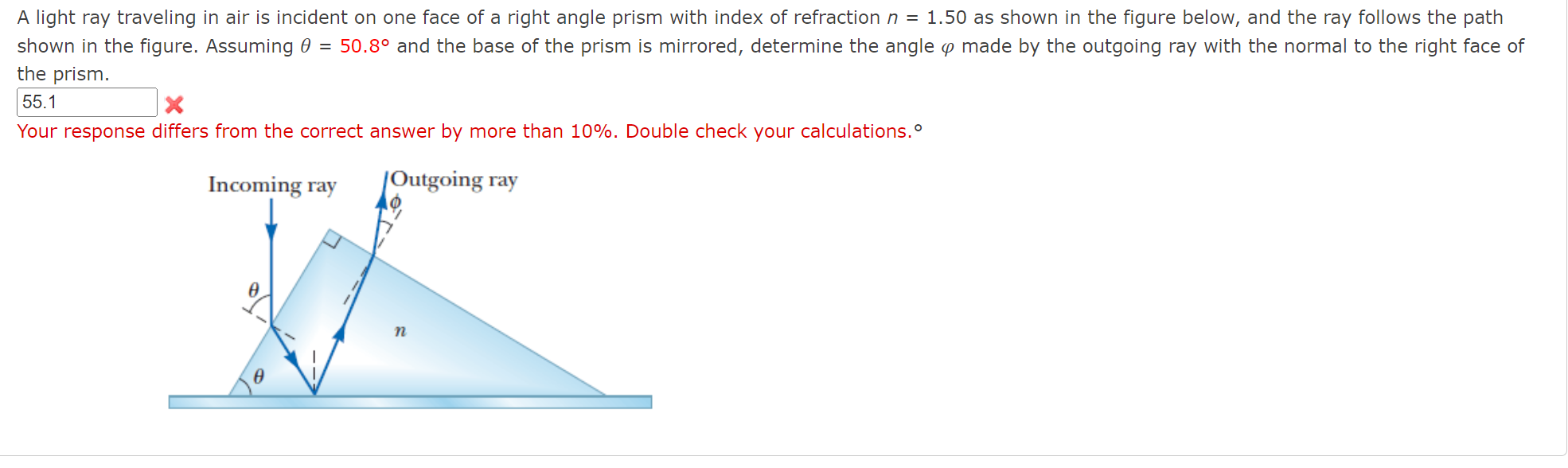 Solved A light ray traveling in air is incident on one face | Chegg.com