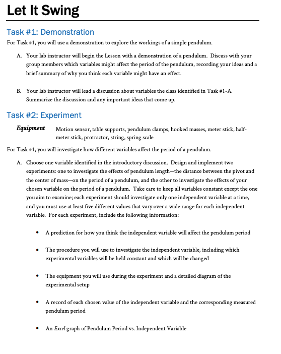 Let It Swing Task #1: Demonstration For Task #1, you | Chegg.com