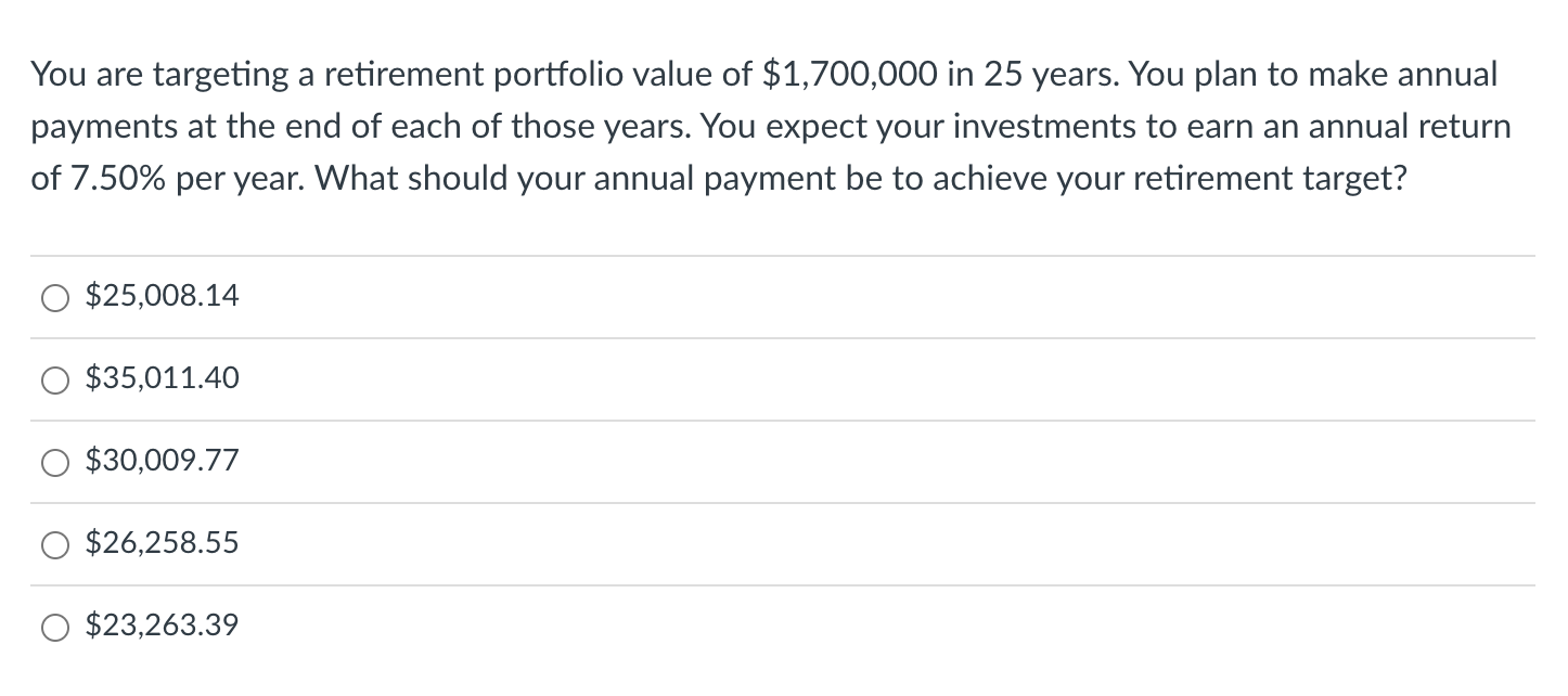 Solved You are targeting a retirement portfolio value of | Chegg.com