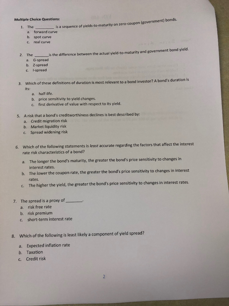 Solved Multiple Choice Questions Is A Sequence Of Yields Chegg Com