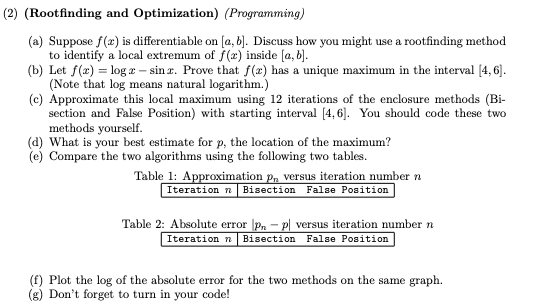 (2) (Root finding and Optimization) (Programming) (a) Suppose f(x) is differentiable on [a, b]. Discuss how you might use a r