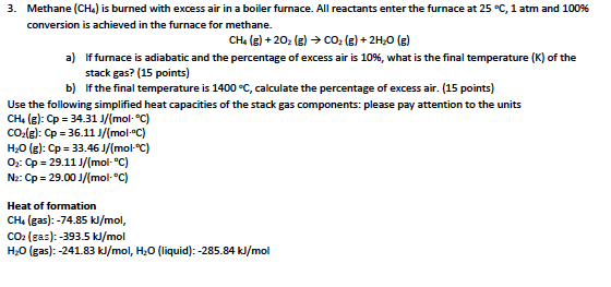 Solved 3. Methane (CH) is burned with excess air in a boiler | Chegg.com