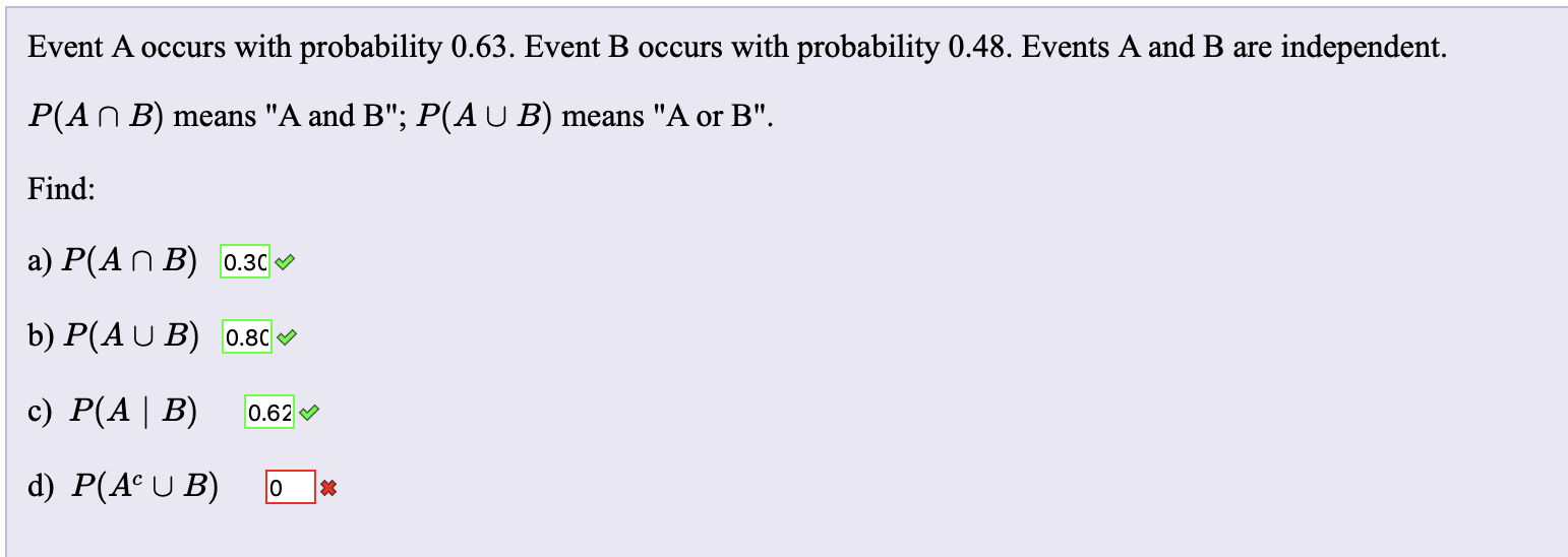 Solved Event A Occurs With Probability 0.63. Event B Occurs | Chegg.com