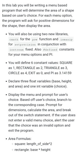Solved In this lab you will be writing a menu based program | Chegg.com