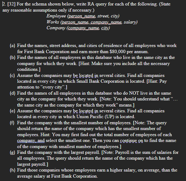 Solved [32] For the schema shown below, write RA query for | Chegg.com
