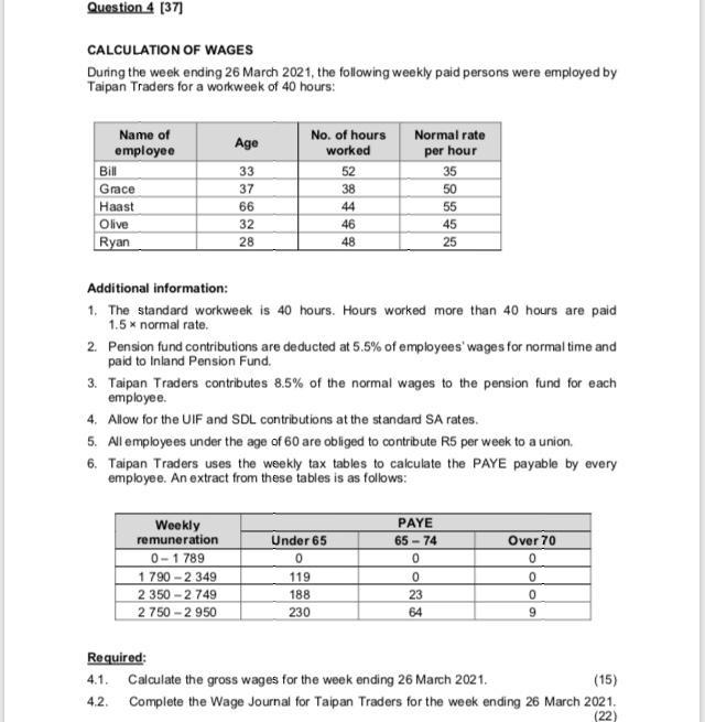 Solved Question 4 (37) CALCULATION OF WAGES During the week | Chegg.com