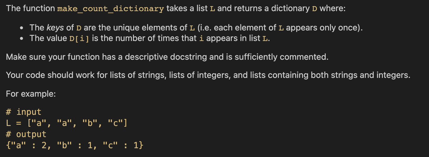 Solved The function make_count_dictionary takes a list L and | Chegg.com