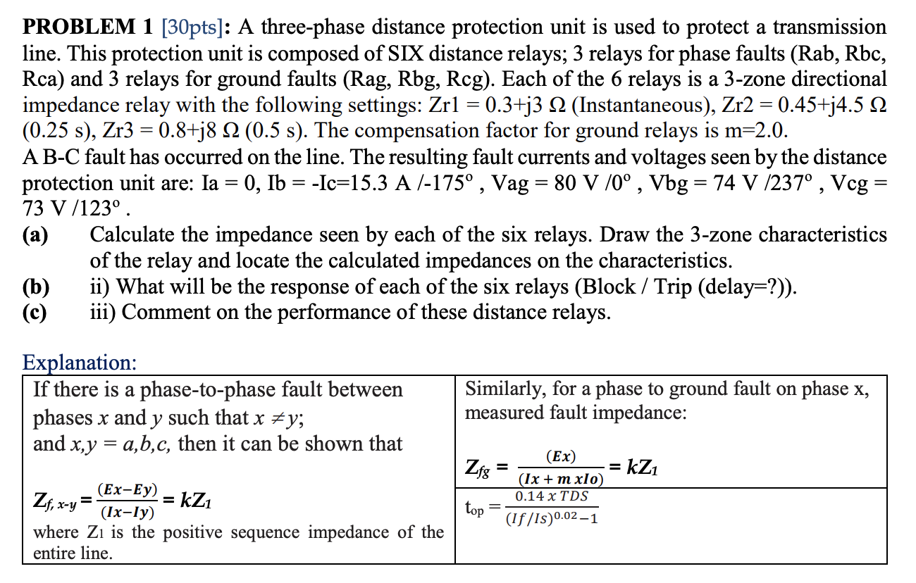 PROBLEM 1 [30pts]: A three-phase distance protection unit is used to protect a transmission line. This protection unit is com