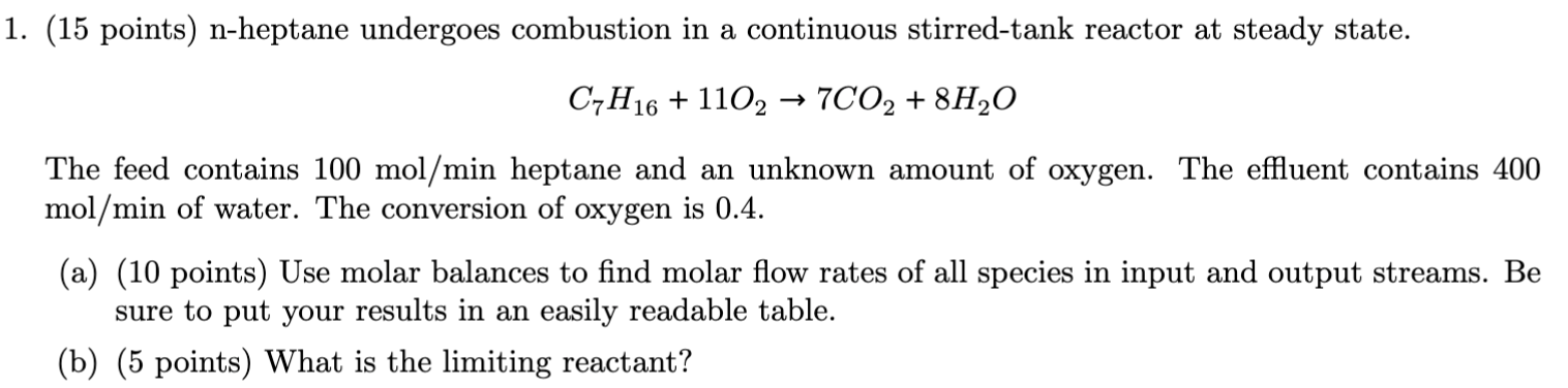 Solved C7H16+11O2→7CO2+8H2O The feed contains 100 mol/min | Chegg.com