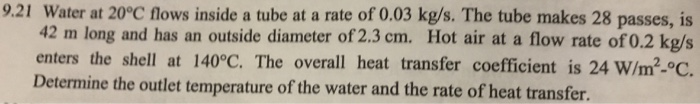 Solved 9.21 Water at 20°C flows inside a tube at a rate of | Chegg.com