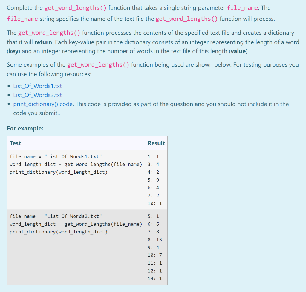 Solved Complete the get_word_lengths() function that takes a | Chegg.com