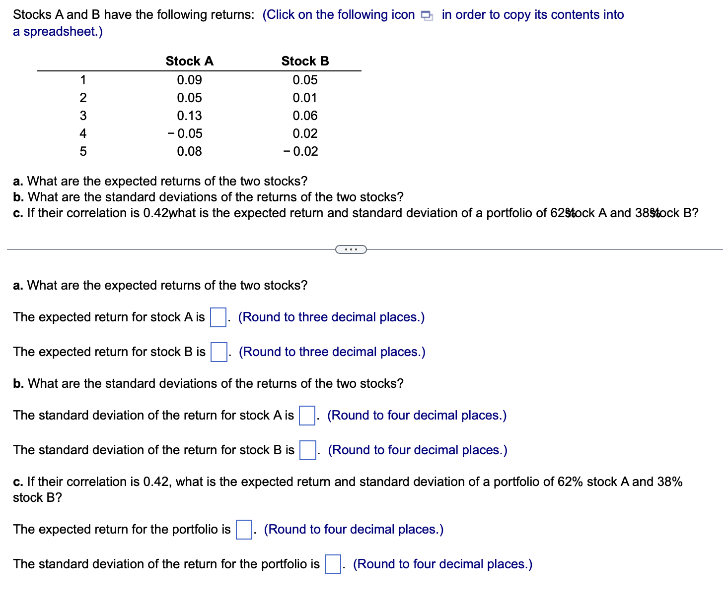 Solved Stocks A And B Have The Following Returns: (Click On | Chegg.com