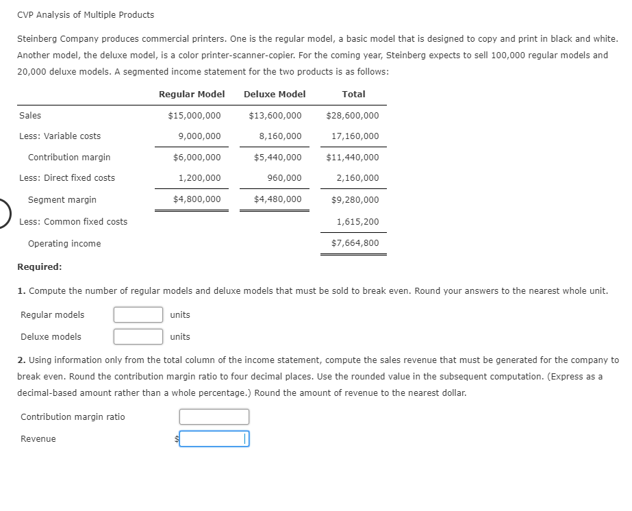 Solved CVP Analysis of Multiple Products Steinberg Company | Chegg.com