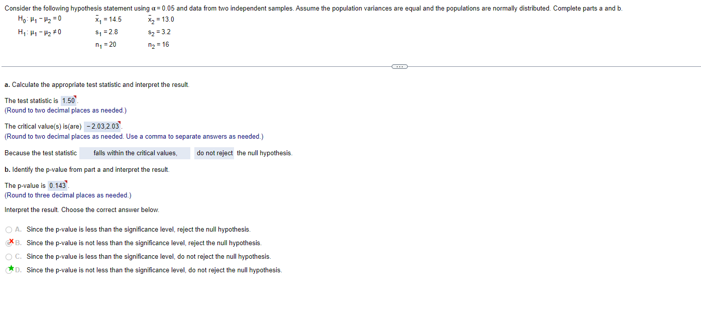 Solved H0:μ1−μ2=0H1:μ1−μ2 =0x1=14.5 s1=2.8n1=20x2=13.0 | Chegg.com