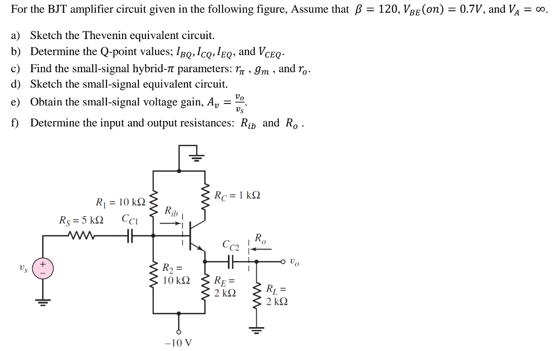Solved For the BJT amplifier circuit given in the following | Chegg.com