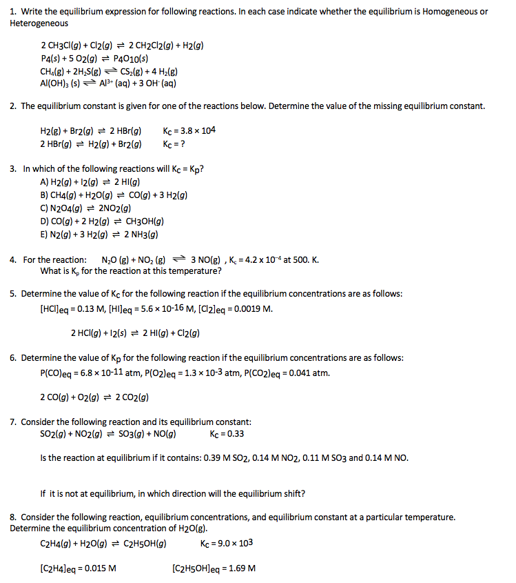 Solved 1. Write the equilibrium expression for following | Chegg.com