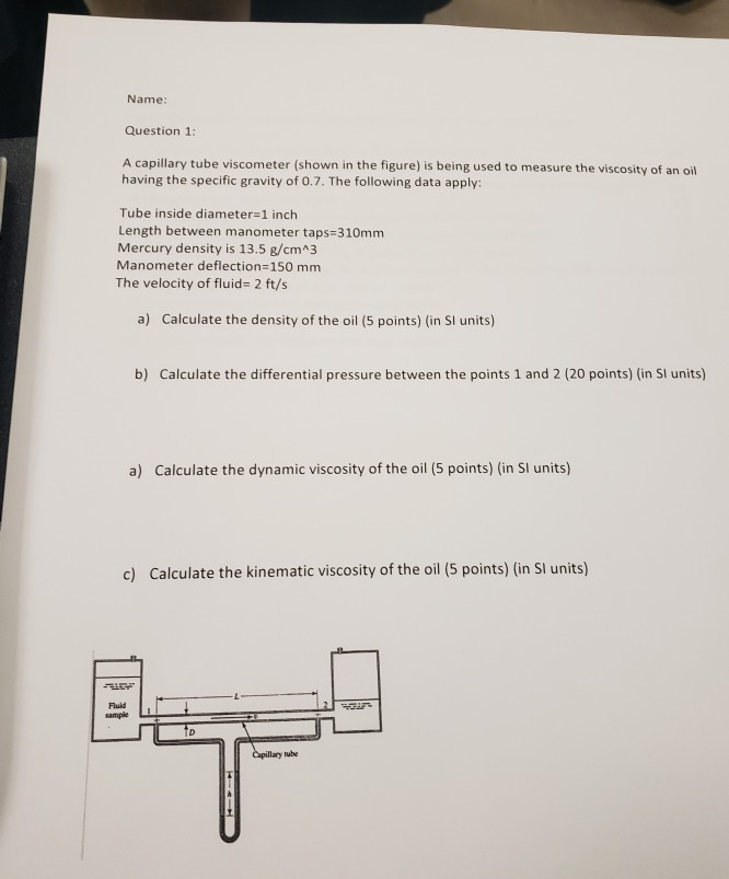 Solved Name Question 1 A capillary tube (shown