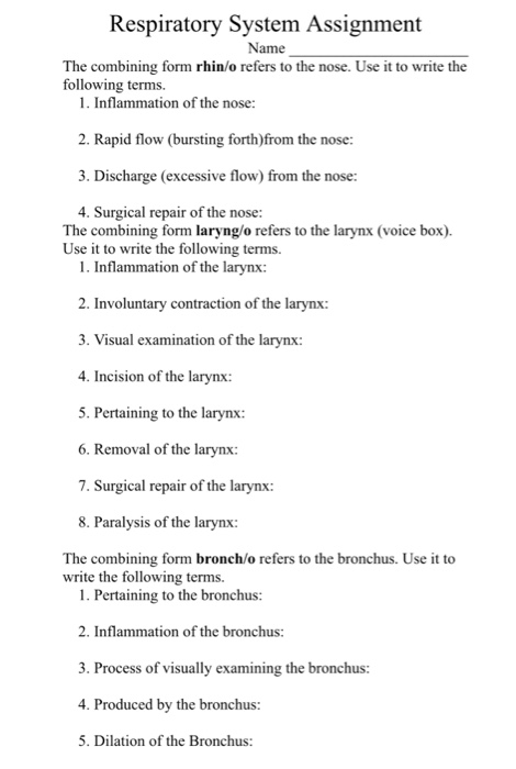 Solved Respiratory System Assignment Name The combining form | Chegg.com