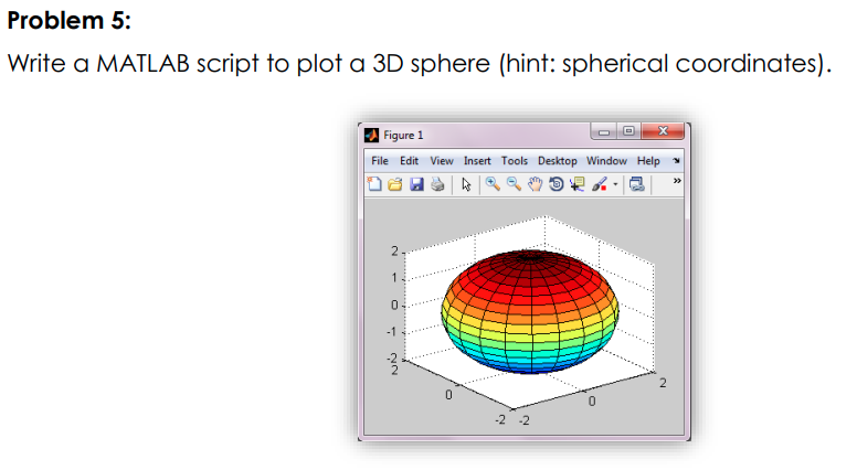 Problem 5:
Write a MATLAB script to plot a 3D sphere (hint: spherical coordinates).
Figure 1
File Edit View Insert Tools Desk